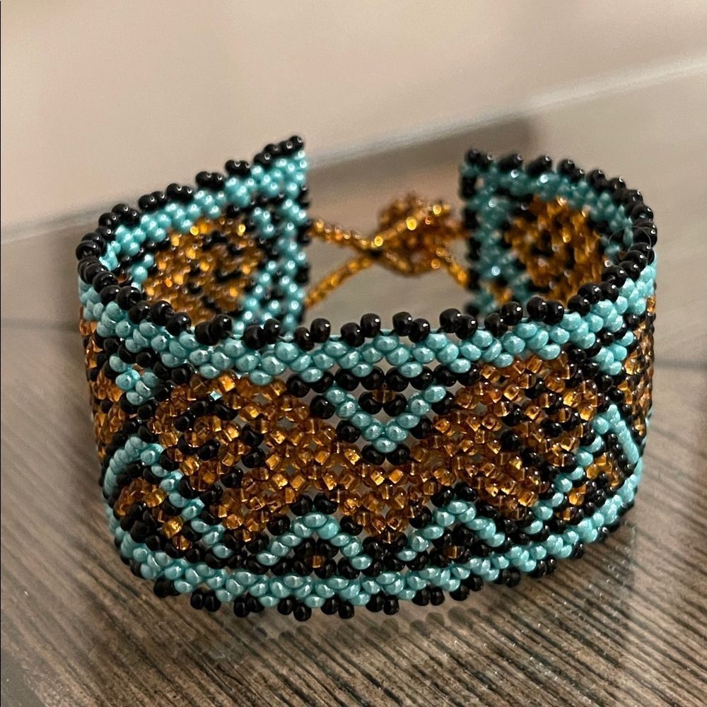 Miyuki Boho Beaded Bracelet – Turquoise & Amber Geometric Pattern Peyote Stitch